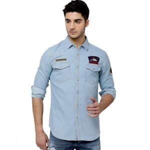 Highlander Indigo Denim Shirt Sz M Light Wash Patches Western Style Button Down